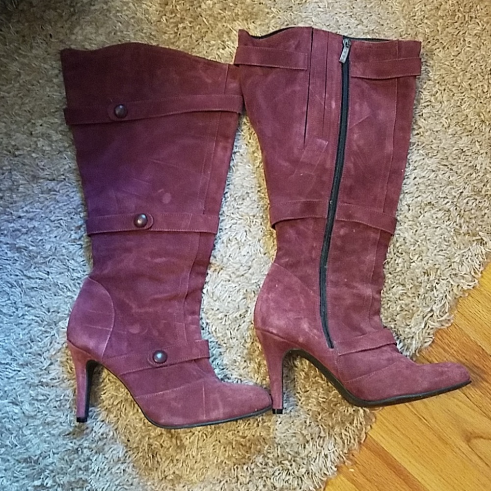 Purplish suede wide calf duo boots